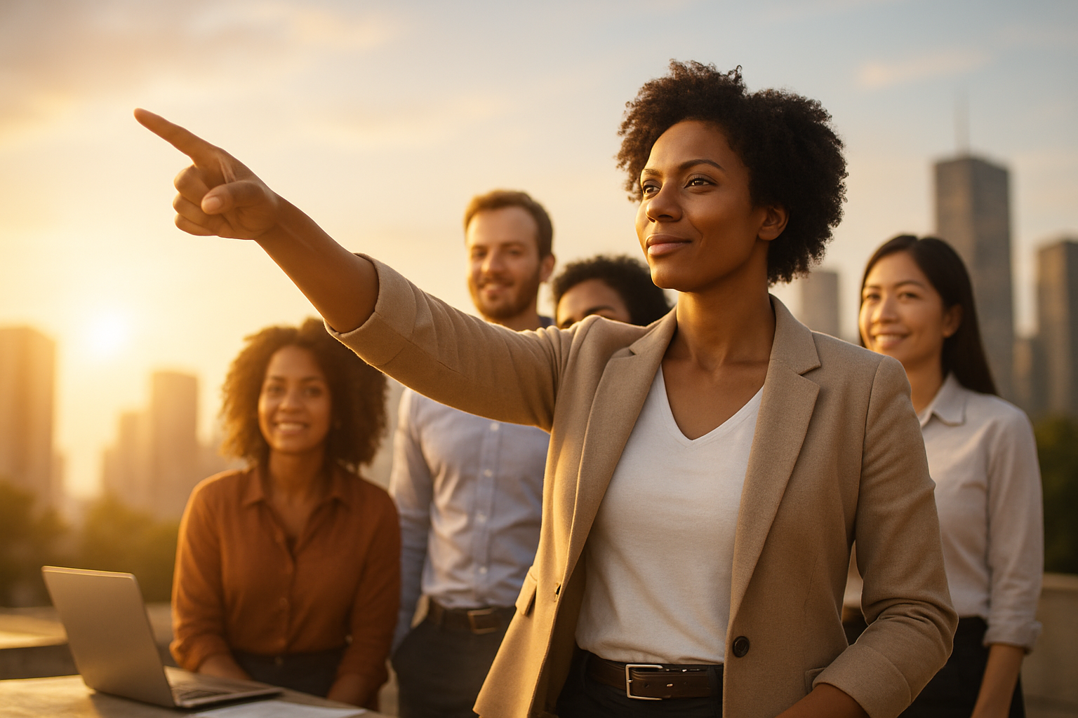 Graphic showing a confident leader pointing toward the future with a team behind them